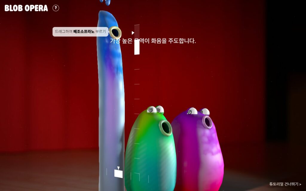 파란 메조소프라노 블롭이 화면 꼭대기까지 늘어나고 아래의 테너와 베이스가 입을 벌려 화음을 넣는 모습