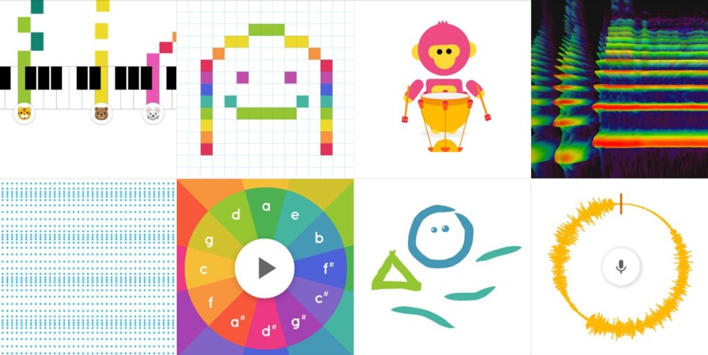 Chrome Music Lab home page with tiles for Song Maker, Rhythm, Spectrogram, Kandinsky and other experiments