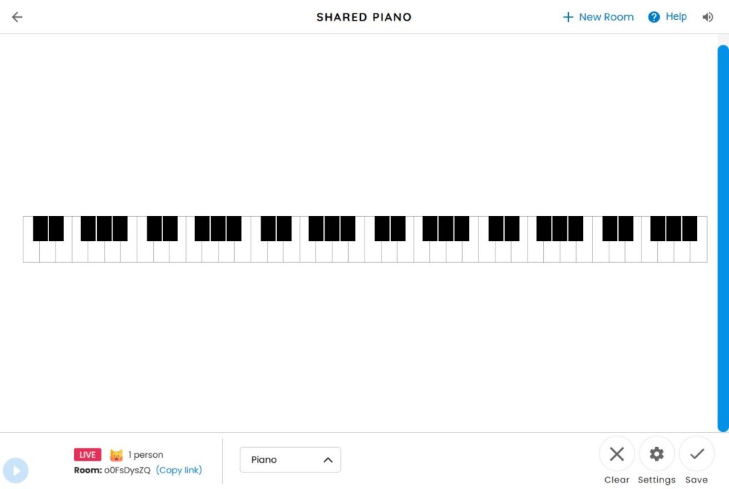 Chrome Music Lab Shared Piano with a keyboard, the live room indicator and Copy link