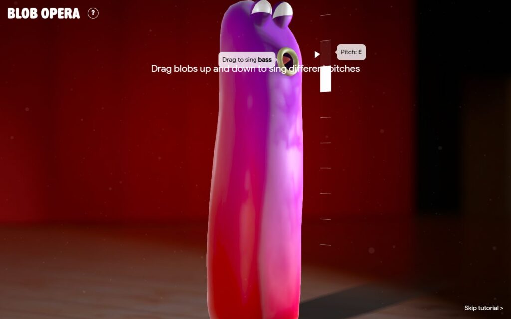 The bass blob stretched upward with the pitch scale showing the note E