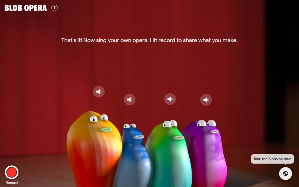Blob Opera tutorial finished, with the Record button at the bottom left and the globe button at the bottom right