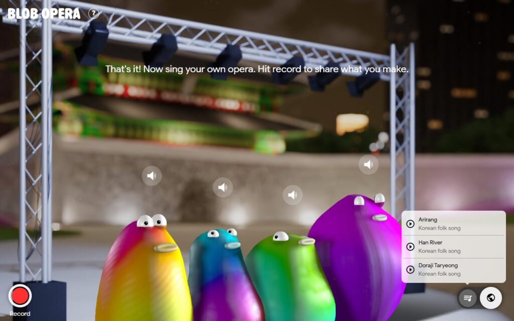 Blob Opera Seoul stage with the song list Arirang, Han River and Doraji Taryeong