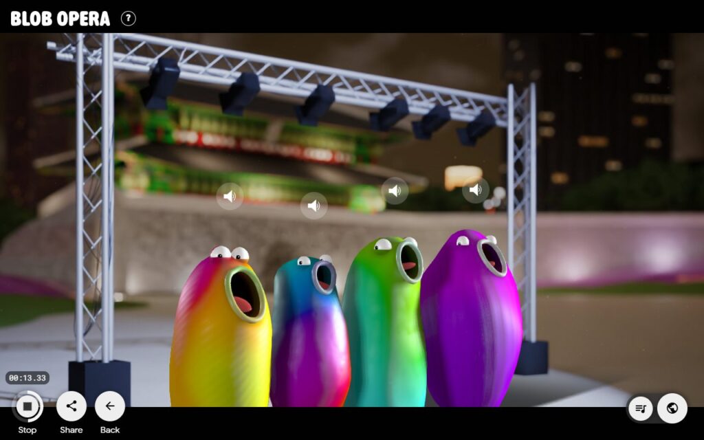 Four blobs singing Arirang on the Seoul stage with Stop, Share and Back buttons