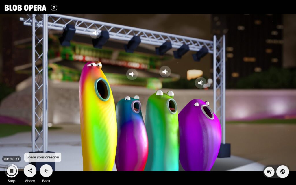 Blob Opera recording playing back with the Share your creation tip above the Share button