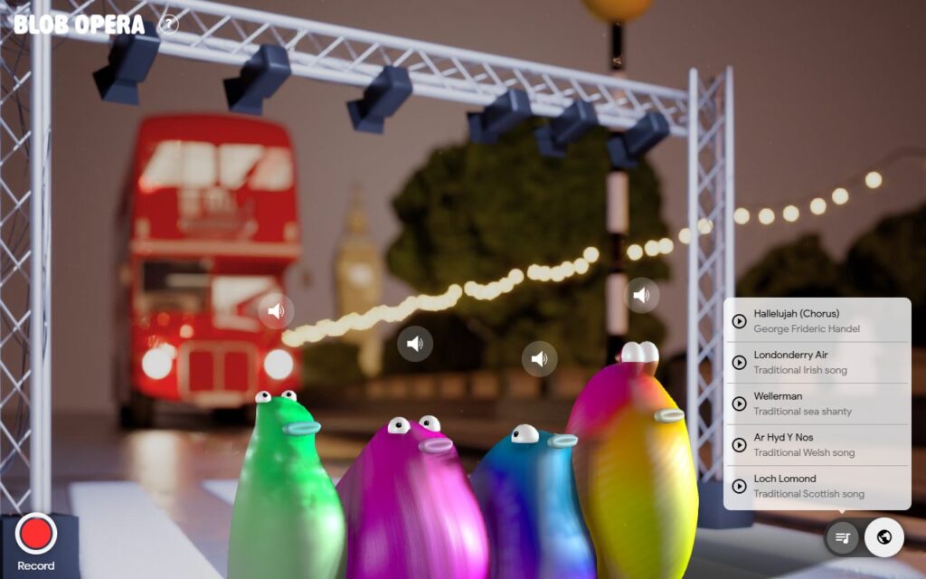 Blob Opera London stage with a red double-decker bus, a clock tower and the London song list