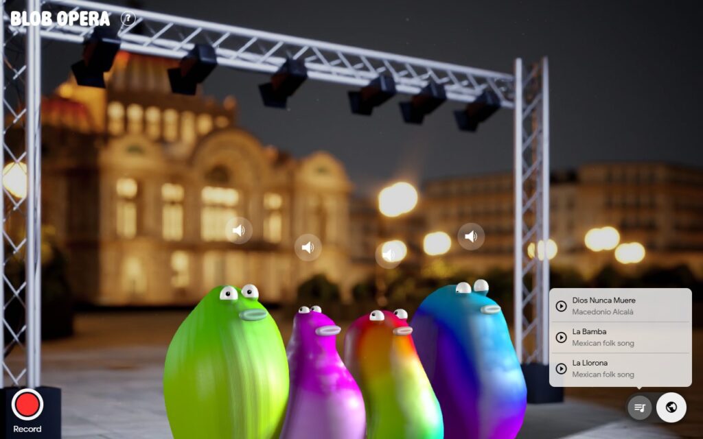 Blob Opera Mexico City stage in front of a grand lit-up building with the Mexico City song list