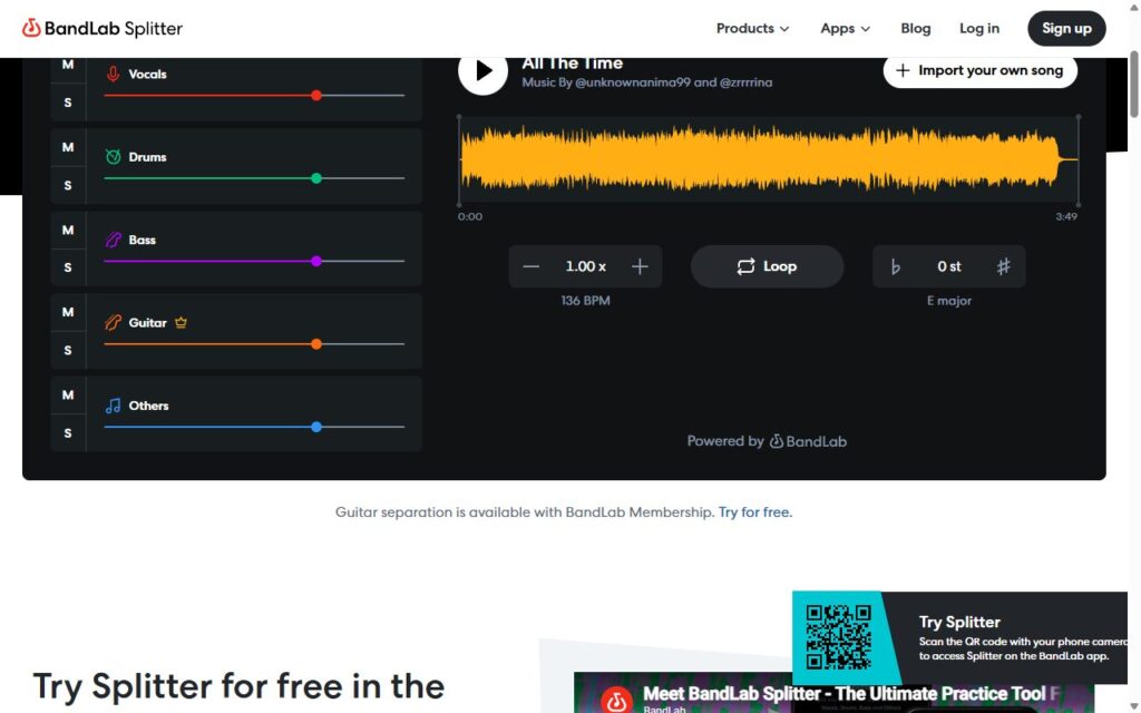 BandLab Splitter 화면, 보컬 드럼 베이스 기타 등 트랙별 볼륨 조절과 속도, 키 조절