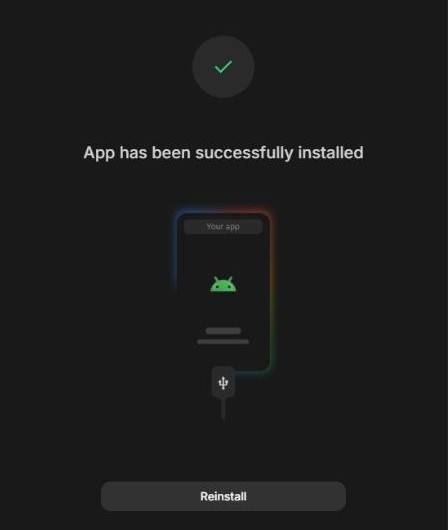 Google AI Studio Android app USB install finished with the message App has been successfully installed