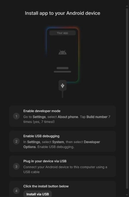 구글 AI 스튜디오 앱 설치 안내 화면, 개발자 모드 켜기, USB 디버깅 켜기, USB 연결, Install via USB 네 단계