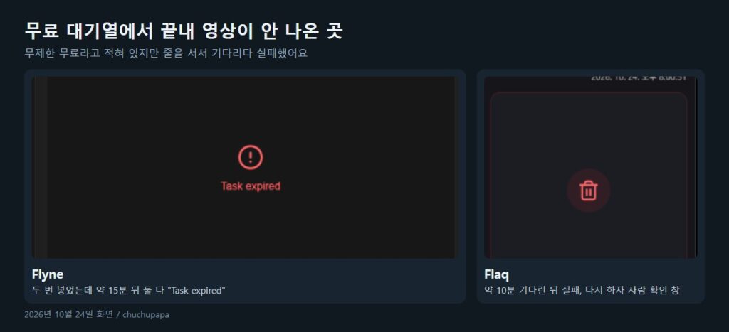 Flyne Task expired, Flaq 생성 실패 화면, 무료 대기열에서 AI 영상이 나오지 않은 결과