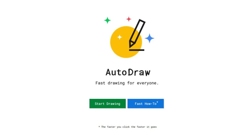 오토드로우 첫 화면, Fast drawing for everyone 문구와 Start Drawing 버튼