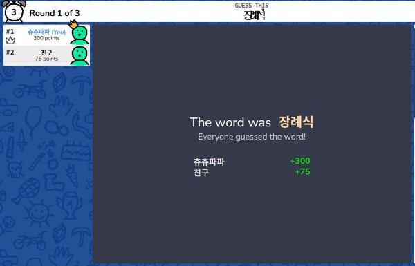 스크리블 그림 맞추기 결과 화면, 한국어 제시어와 맞힌 사람 300점 그린 사람 75점