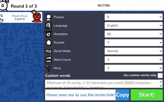 skribbl.io private room settings for drawing games with friends: players, language, drawtime, rounds, game mode, word count, hints and custom words