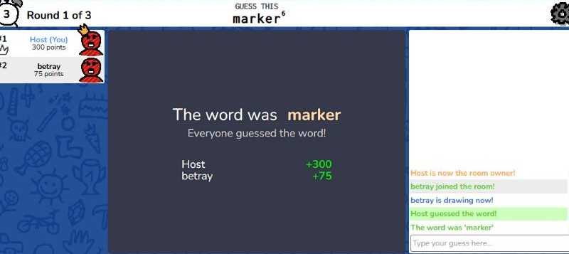 skribbl.io round result: the word was marker, guesser +300 points, drawer +75 points