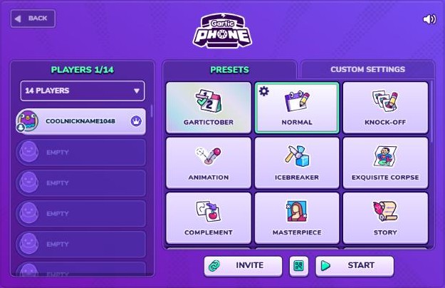 Gartic Phone lobby with player limit and presets including Normal, Knock-Off, Animation and Icebreaker