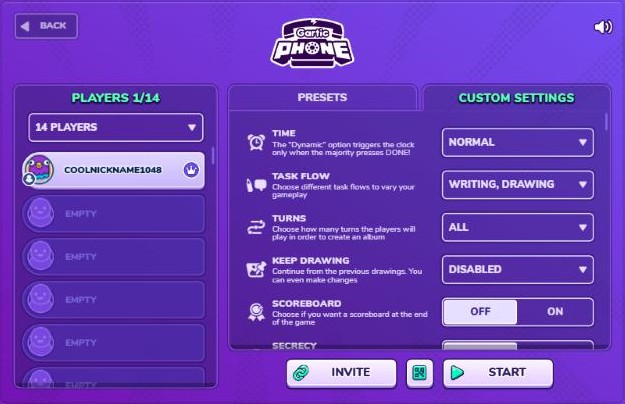 Gartic Phone custom settings: time, task flow, turns, keep drawing and scoreboard