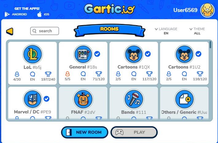 Gartic.io public room list with LoL, General, Cartoons and Marvel DC rooms showing players and target points