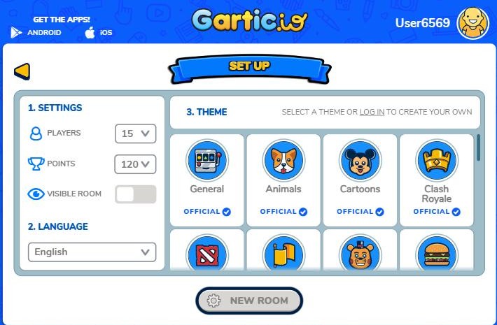Gartic.io create room screen with players, points, visible room switch and official themes