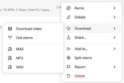 구글 플로우 뮤직 노래 메뉴의 Download 항목, Download video, Get stems, M4A, MP3, WAV