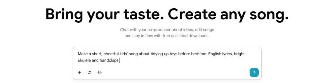 Google Flow Music home screen with a prompt asking for a cheerful kids song about tidying up toys
