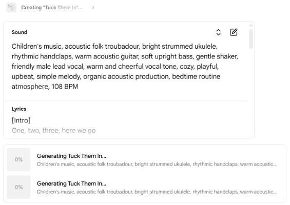 Google Flow Music Producer showing the Sound settings, the start of the lyrics and two tracks generating at 0 percent
