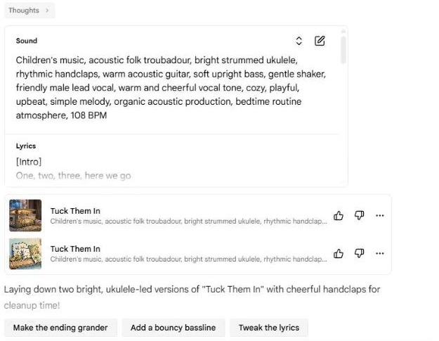 Two finished Google Flow Music tracks called Tuck Them In with suggestion buttons Make the ending grander, Add a bouncy bassline and Tweak the lyrics