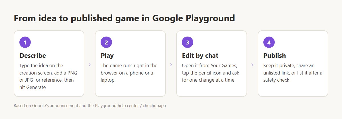 Four steps to make a game in Google Playground: describe, play, edit by chat, publish