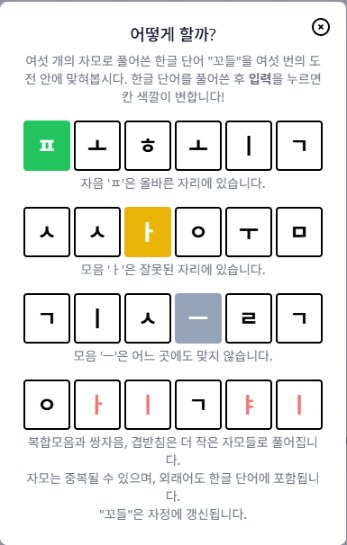 꼬들 하는 법 안내, 초록 노랑 회색 칸 의미와 자모 풀어쓰기 예시