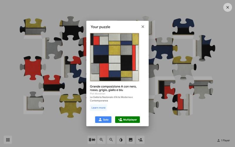 Google Puzzle Party Your puzzle card with Mondrian artwork details and Solo and Multiplayer buttons