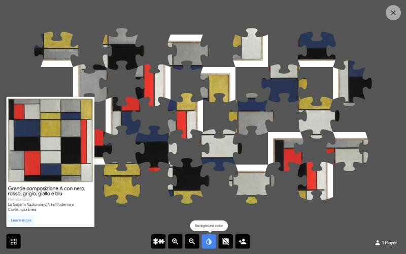 Google Puzzle Party board with a dark background, the artwork preview in the corner and the toolbar at the bottom