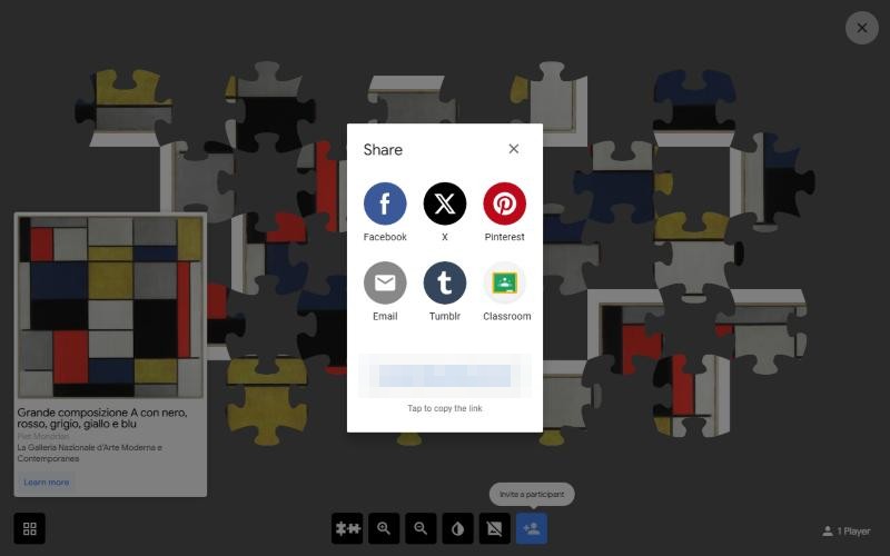 Google Puzzle Party Share window with Facebook, X, Pinterest, Email, Tumblr and Classroom buttons and a link to copy