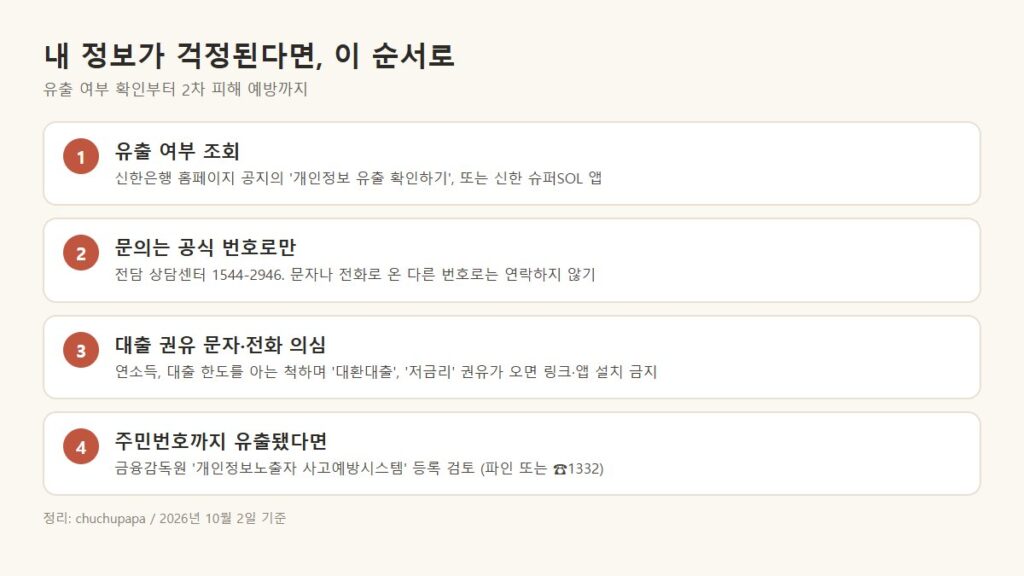 신한은행 개인정보 유출 대응 순서, 유출 조회, 공식 번호로 문의, 대출 권유 문자 의심, 주민번호 유출 시 개인정보노출자 등록