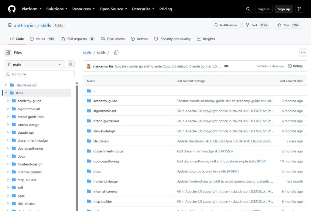 GitHub anthropics/skills 저장소의 skills 폴더 목록, brand-guidelines, frontend-design, skill-creator 등