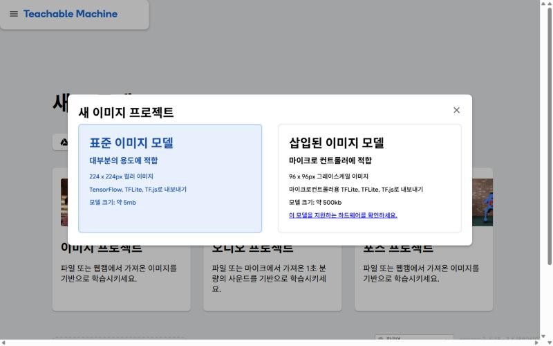 티처블 머신 새 이미지 프로젝트 화면, 표준 이미지 모델과 삽입된 이미지 모델 선택